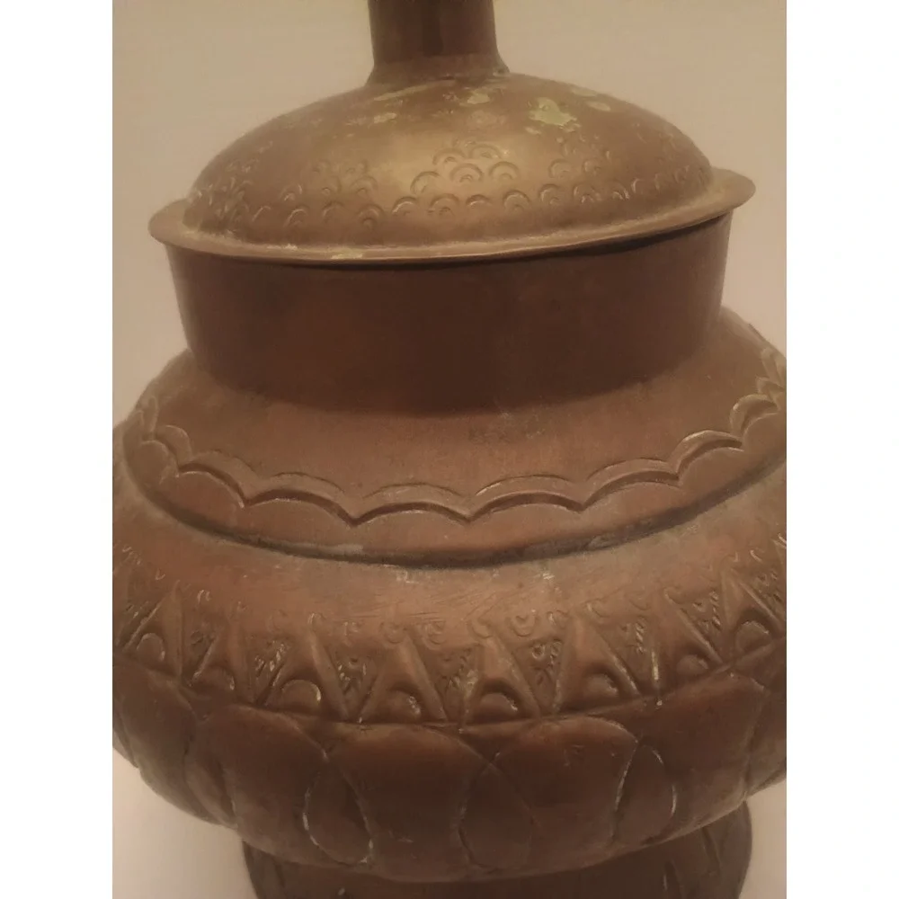 Vintage Copper Lidded Vessal Brown Etched Design Pedestal Base  13